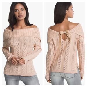 White House Black Market Pink Knit Off Shoulder Sweater XS Tie Bow Back